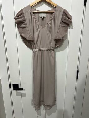 Brochu Walker Taupe Midi Dress with Pleated Flutter Sleeves